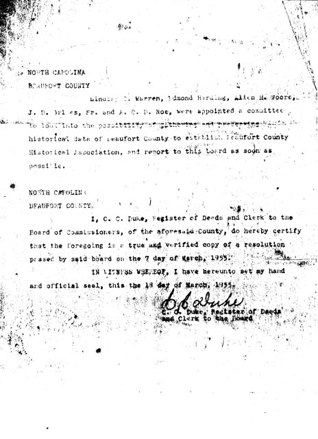 Appointment of Edmund Harding to a committee to form the Beaufort County Historical Society (1955)