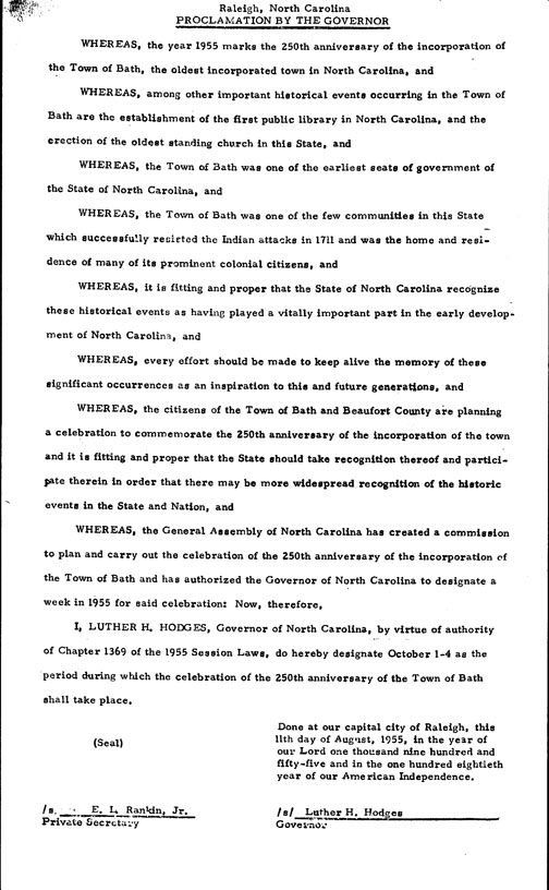 Proclamation by Governor Luther H. Hodges for the celebration of Bath's 250th anniversary (1955)
