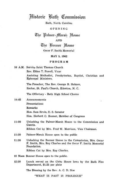 Announcement of the opening of the Palmer-Marsh and Bonner houses in 1962