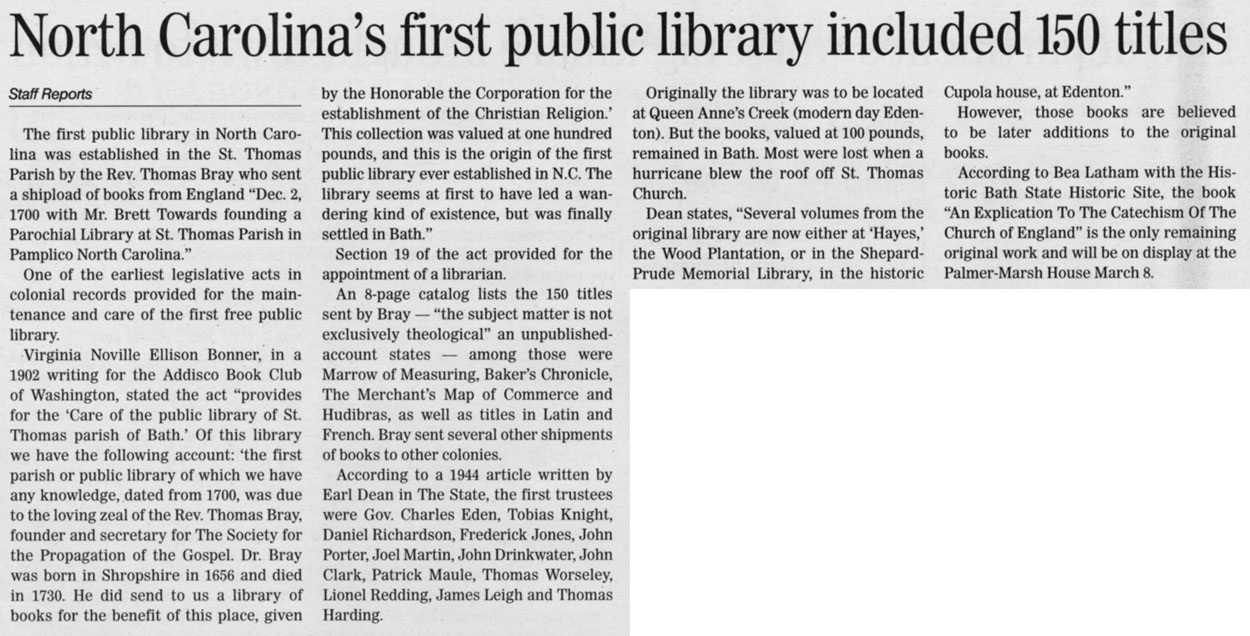North Carolina's first public library included 150 titles